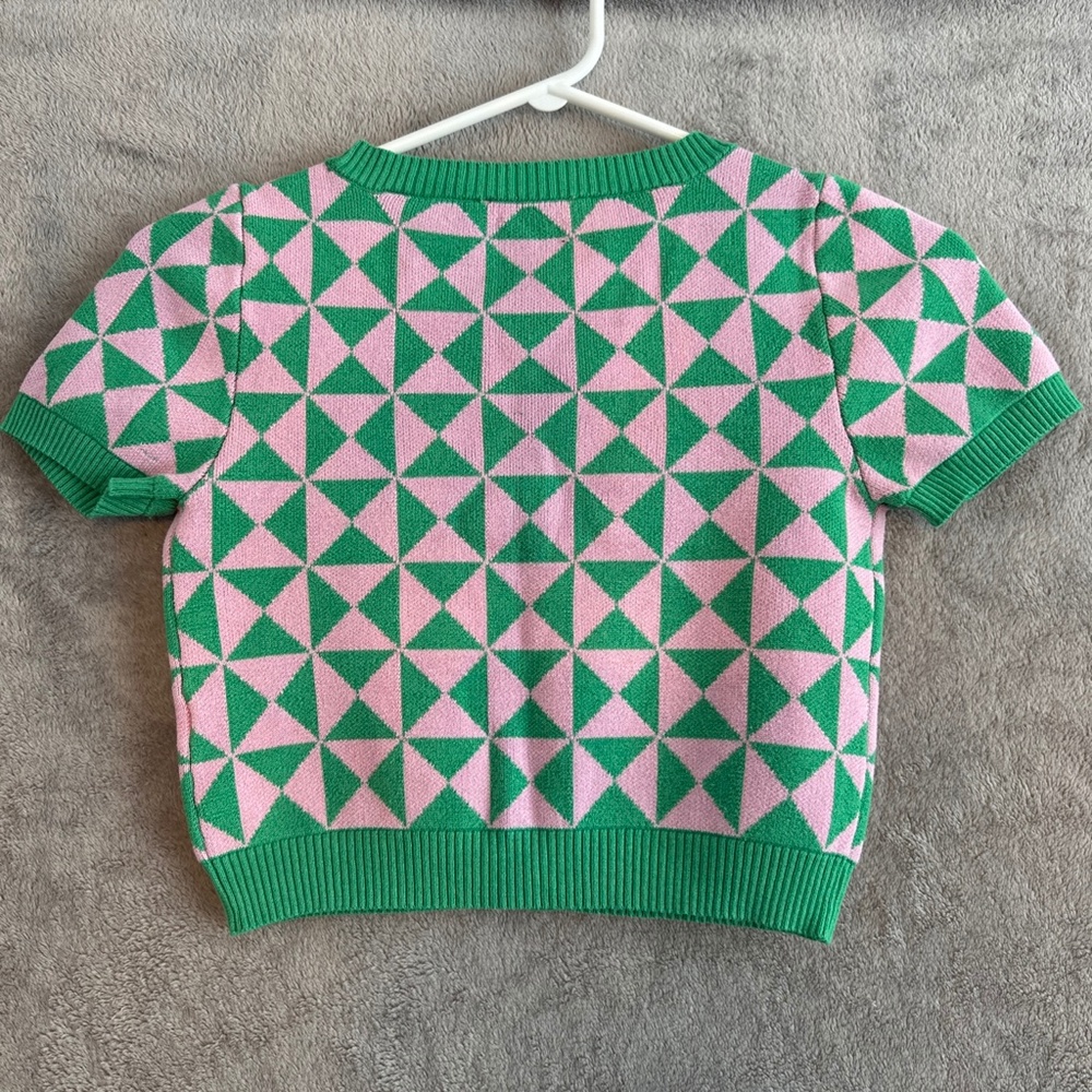 Bluenotes Pink Green Geometric Crop Cardigan Small Preppy Retro Y2K Dopamine - Picture 2 of 5